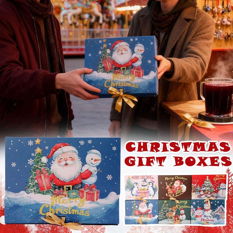 12Pack Christmas Boxes for Gifts with Lids,Christmas Kraft Paper Gift Box Snowman Santa Claus Penguin Elk Box with Gold Ribbon,Xmas Themed Pattern Small Gift Boxes for Xmas Party Present Packaging - Image 2